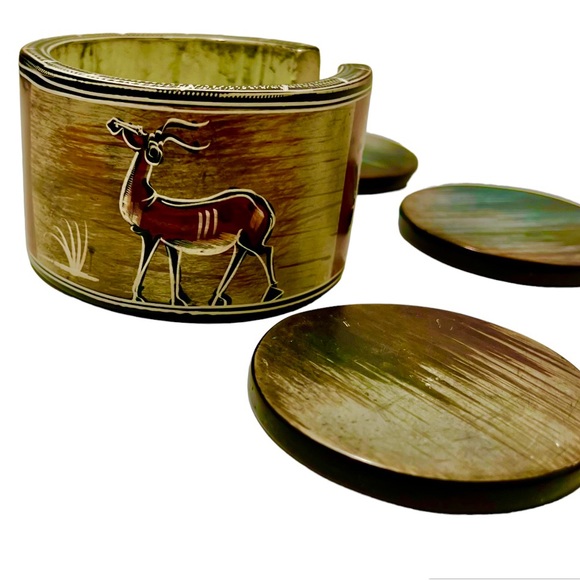 Hand-Painted African Safari Coaster Set with Holder – 7 Pc Animal Decor - Picture 5 of 11